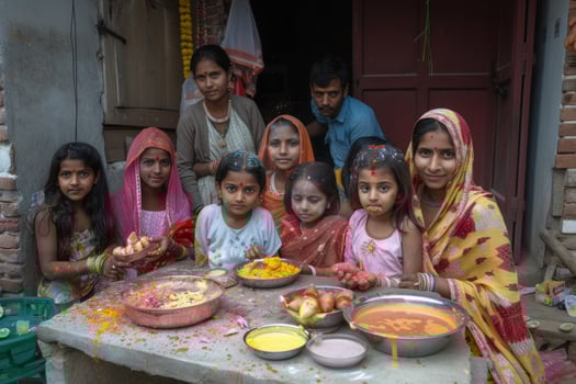 AI generated Family Celebrating Holi with Colored Powder. A family gathers together, smiling as they play with colorful gulal powder during Holi festival. photo