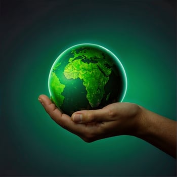 AI generated A person's hand holding a glowing green globe of the Earth. This image symbolizes environmental sustainability. photo