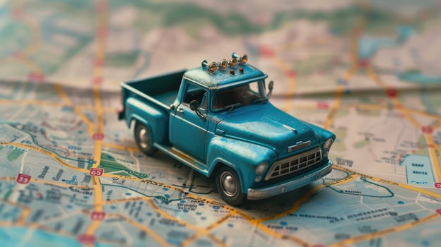 AI generated Vintage Blue Pickup Truck Model on a Colorful Road Map - Travel and Adventure Concept photo