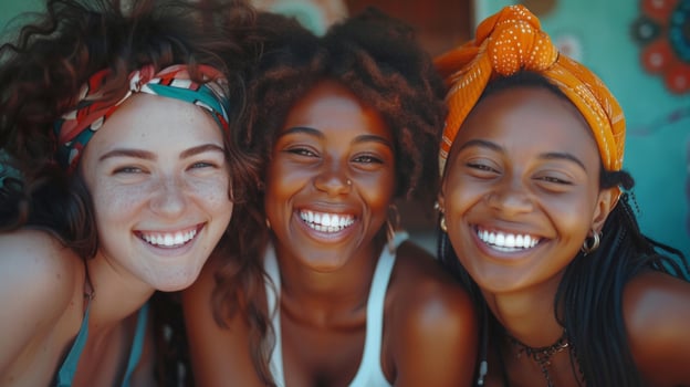 AI generated Friends laugh joyfully and look at the camera. photo