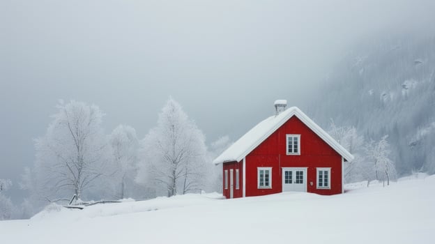 AI generated Lonely burgundy house in Norway. Winter landscape photo