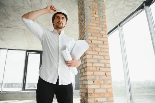 Portrait of man architect at building site. Confident construction manager wearing hardhat. Successful mature civil engineer at construction site with copy space. photo