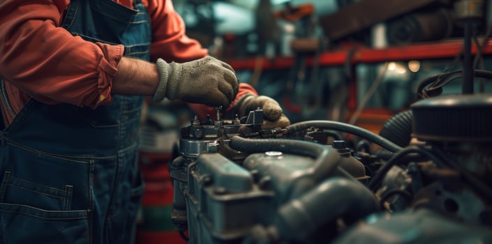 AI generated Car Engineer Fine-Tuning Carburetor of Retro Muscle Car in Vintage Workshop photo