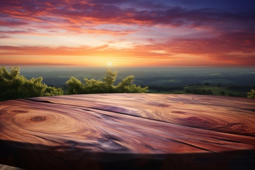 AI generated Natures canvas Wooden table ready for product display at sunset photo