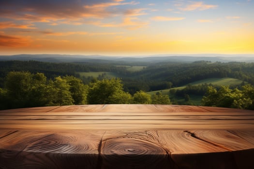 AI generated Sunset showcase Empty wooden table against misty landscape for display photo