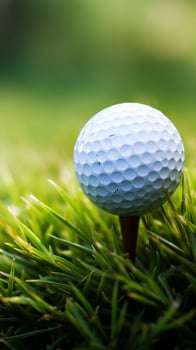 AI generated Sporting serenity Golf ball on tee, green grass closeup Vertical Mobile Wallpaper photo