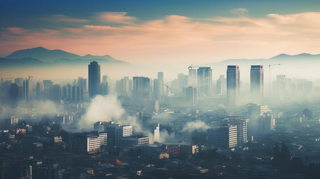 AI generated A city covered in a thick cloud of smog and harmful pollutants photo