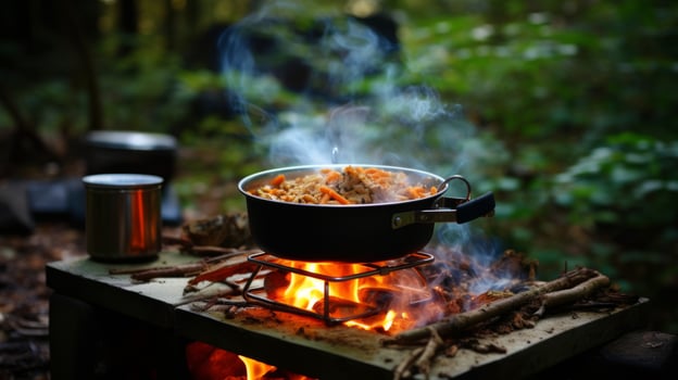 AI generated A camping stove heating up a pot of soup photo