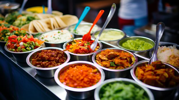 AI generated A colorful assortment of mexican street food displayed at a food cart photo