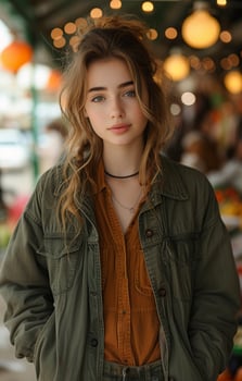 AI generated A young woman poses an american street market, american street markets photo