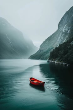 AI generated A lonely boat floats on the sea in the fjords of Norway photo
