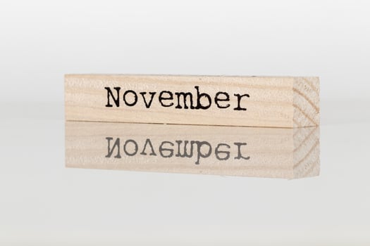wooden cube with the inscription November on a white background photo
