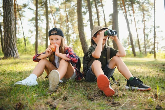 kids in green forest playing,concept of kids vacations and travel photo