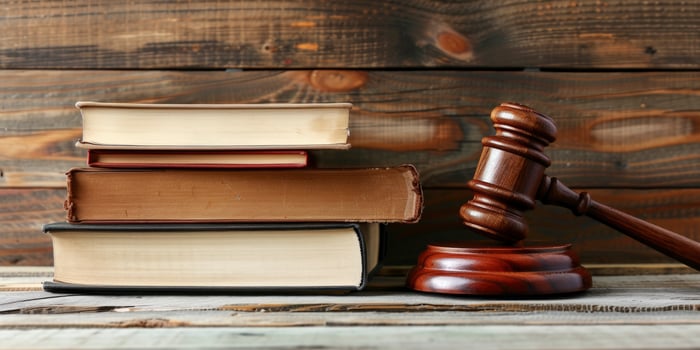 AI generated Symbol of Authority. Wooden Gavel Resting on Books atop a Wooden Table, Evoking the Essence of Law and Legal Practice. photo