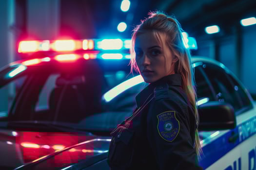 AI generated Female Police Officer on Duty at Night with AI generated. photo