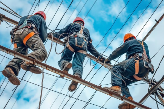 AI generated Construction Workers Climbing at Construction Site with AI generated. photo