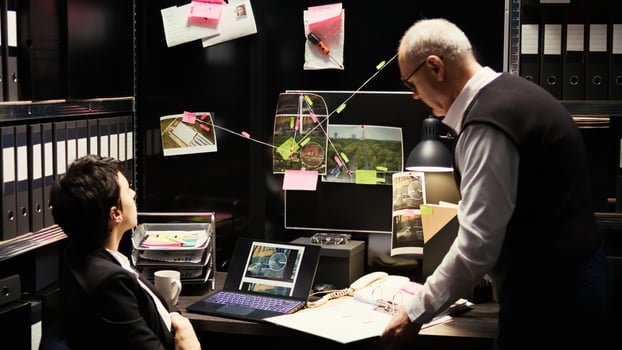 Law agents team inspecting clues and evidence authenticity, analyzing details placed on wall board. Criminologist and police officer conducting private investigation in incident room. photo