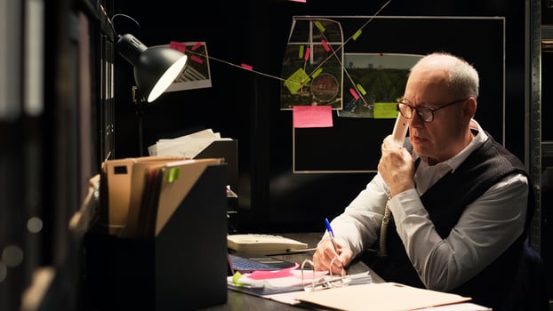 Police officer using landline phone in incident room, sharing important information about case suspect. Senior detective conducting clandestine operation with classified documents, forensic report. photo
