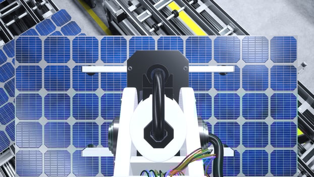 POV of robotic arms moving solar panels on conveyor belts during high tech production process in green technology factory, 3D illustration. Heavy gear unit placing PV cells on assembly lines photo
