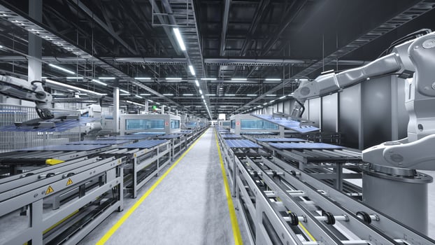 Machinery in cutting edge solar panel factory maneuvering photovoltaic modules. PV cells produced in renewable energy based facility with assembly lines, 3D rendering illustration photo