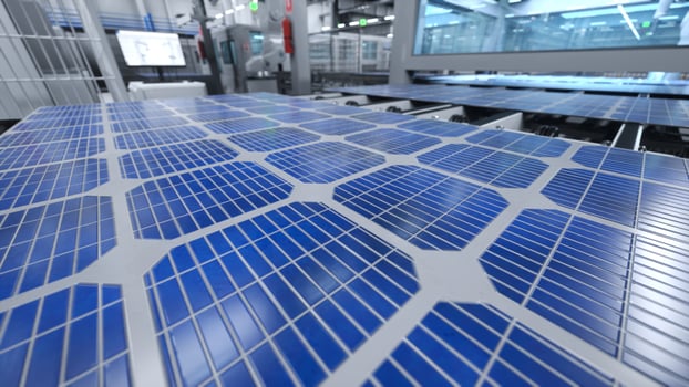 Solar panel placed on conveyor belt, operated by industrial robot arm, moving around facility, 3D illustration. Close up of photovoltaic cell produced in green energy manufacturing warehouse photo
