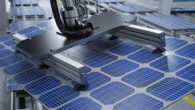 Solar panel placed on conveyor belt, operated by automatized robot arm, moving around facility, 3D illustration. Close up of photovoltaic cell produced in clean energy manufacturing warehouse photo