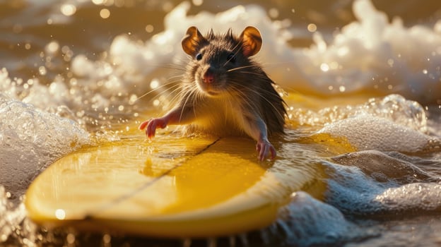 AI generated A cute rat surfer enjoys a fun-filled summer day at the beach, riding waves with enthusiasm, Ai Generated. photo