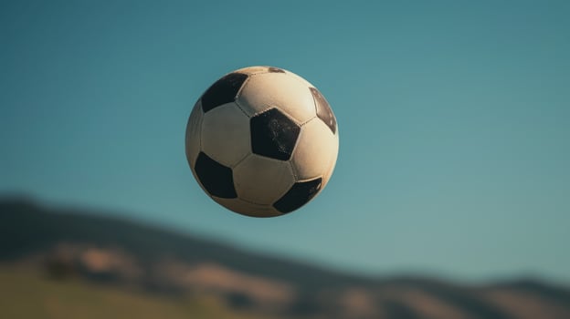 AI generated a soccer ball floating gracefully in mid-air. Dynamic suspension, Ai Generated. photo