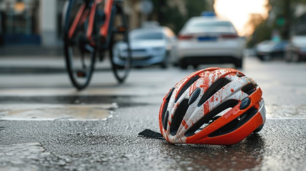 AI generated a bicycle helmet rests on pavement beside a bicycle in the city. Urban juxtaposition, Ai Generated. photo