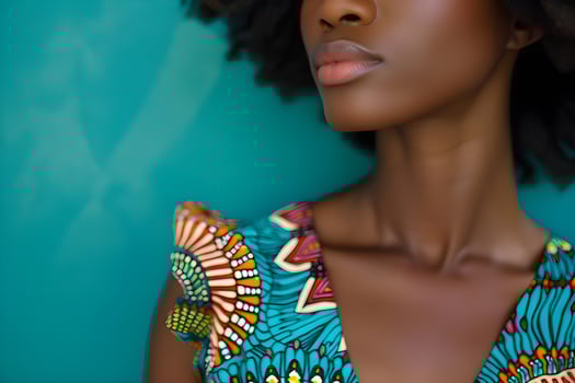 AI generated Bold Beauty Black Woman in Vibrant Ankara Pattern on Colorful Background photo
