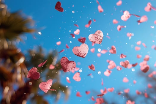 AI generated heart shaped confetti falling from a bright blue sky professional photography background photo