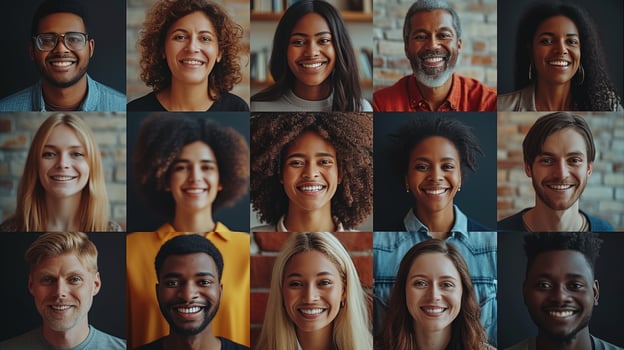 AI Generated Composite portrait collage of a large group of smiling people contacting each other via 4G or 5G connections photo