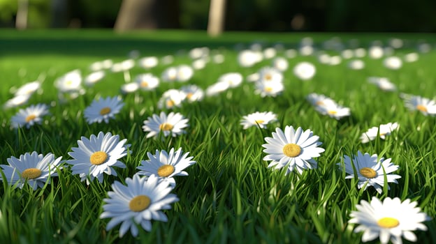 Field of daisies macro photography. Many flowers in the meadow. Copy space. photo