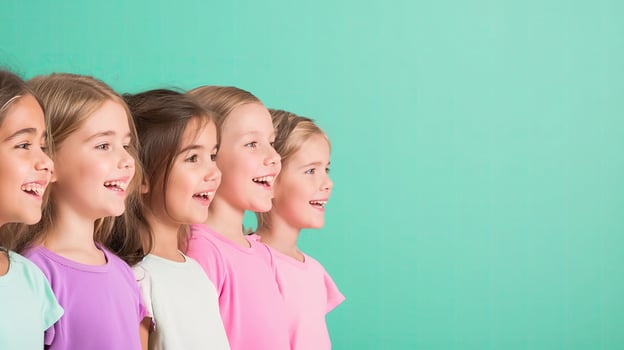 Emotional five girls sing. They stand in a row on a turquoise background. Copy space. photo