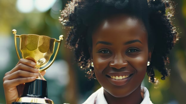 AI generated Successful black woman holding a golden cup photo