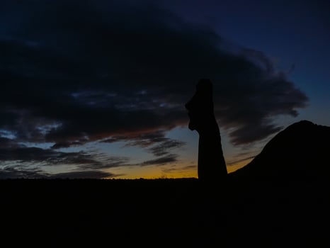 Statues of Easter Island in the background of the sunset. melting of the Easter statue in the sunlight of the sunset. photo