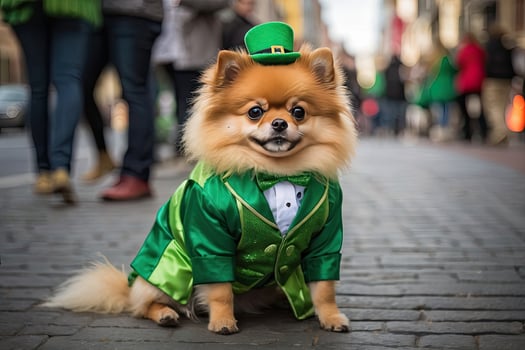 AI generated A ginger dog of the German Spitz breed in a green suit with clover for the St. Patrick's Day holiday on the street of the city. Clothes for small breeds of dogs, party. AI generated photo