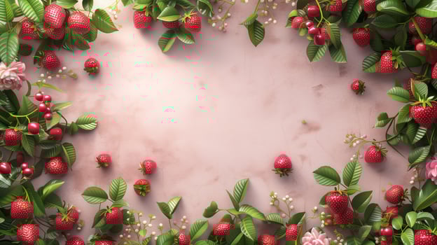 AI generated pink background surrounded berry aerial view copy space background photo