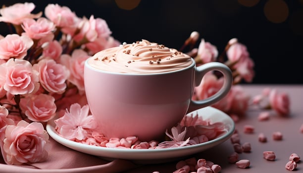 AI generated Coffee cup on table, surrounded by flowers, dessert, and chocolate generated by AI photo