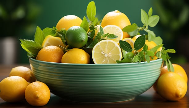 AI generated Fresh citrus fruits on wooden table, healthy and refreshing generated by AI photo