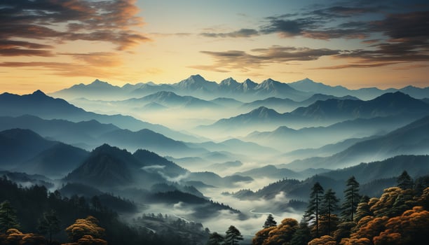 AI generated Mountain peak silhouette against a foggy autumn sunset sky generated by AI photo