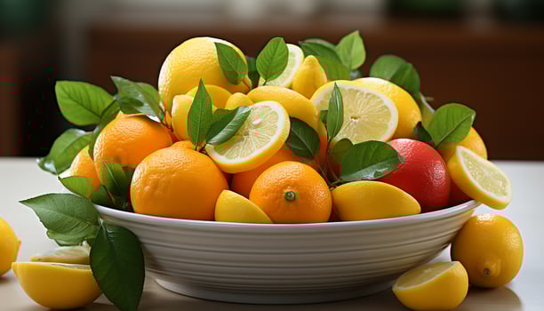 AI generated Fresh citrus fruits on wooden table, vibrant and juicy generated by AI photo