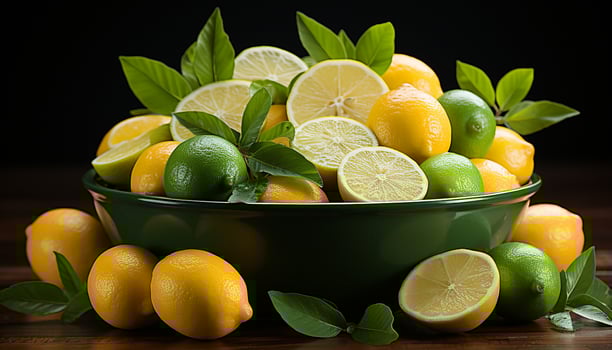 AI generated Fresh citrus fruit slice on wooden table, healthy and vibrant generated by AI photo
