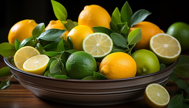 AI generated Fresh citrus fruits on wooden table, healthy and vibrant generated by AI photo