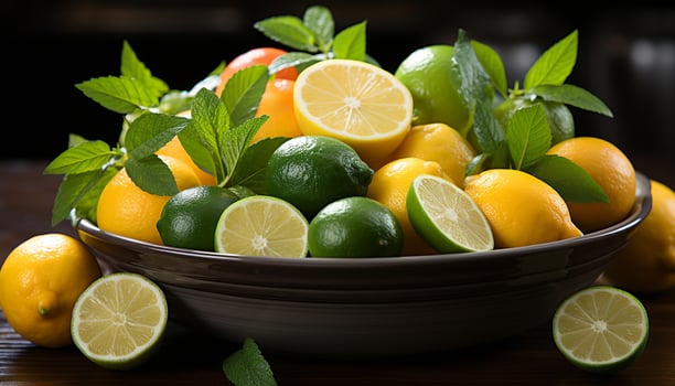 AI generated Fresh citrus fruits, ripe and juicy, on a wooden table generated by AI photo