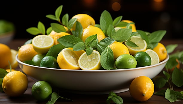 AI generated Freshness and vibrancy of citrus fruit on wooden table generated by AI photo