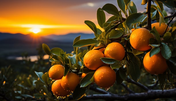 AI generated Fresh orange fruit on tree in vibrant sunset landscape generated by AI photo