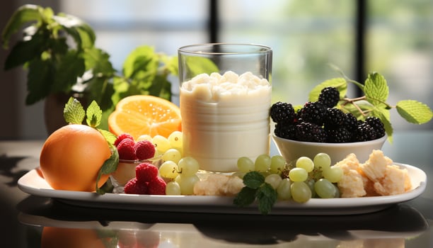 AI generated Fresh fruit dessert on wooden table, healthy and delicious generated by AI photo