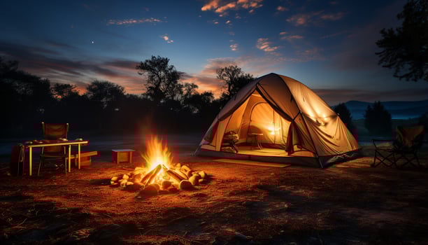 AI generated Camping adventure nature beauty, fire warmth, tranquil relaxation generated by AI photo