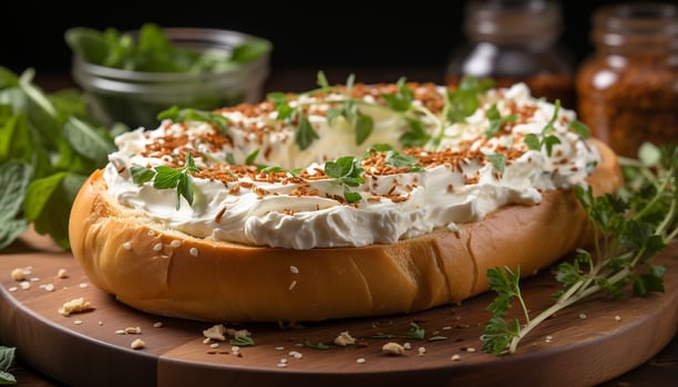AI generated Freshness and rustic bread on wooden table, homemade healthy lunch generated by AI photo